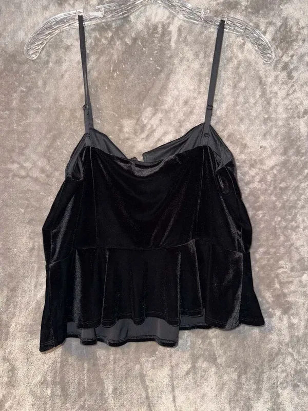 EXPRESS black velvet velour spaghetti strap peplum waist stretchy tank top L - Image 5