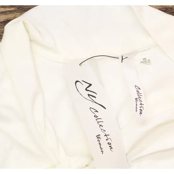 Ny Collection Short Sleeve Knit Top with Chiffon Shoulders Ivory Off White 1X - Image 3