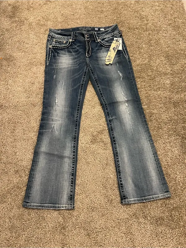 Miss Me jeans Y2k low rise boot cut NWT saddle stitching‎ gemstones 31 RARE - Image 9
