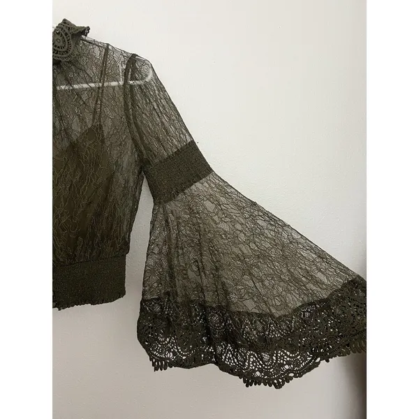 Alice + Olivia Moss Green Bell-Sleeve Crochet Collared Top Boho Fairy Grunge Witchy Ethereal - Image 4