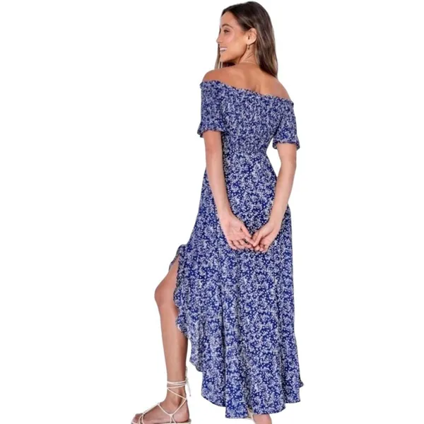 Lulus Blue White Floral Lightweight Flowy Womens Off Shoulder Maxi Dress Size Sm - Image 2