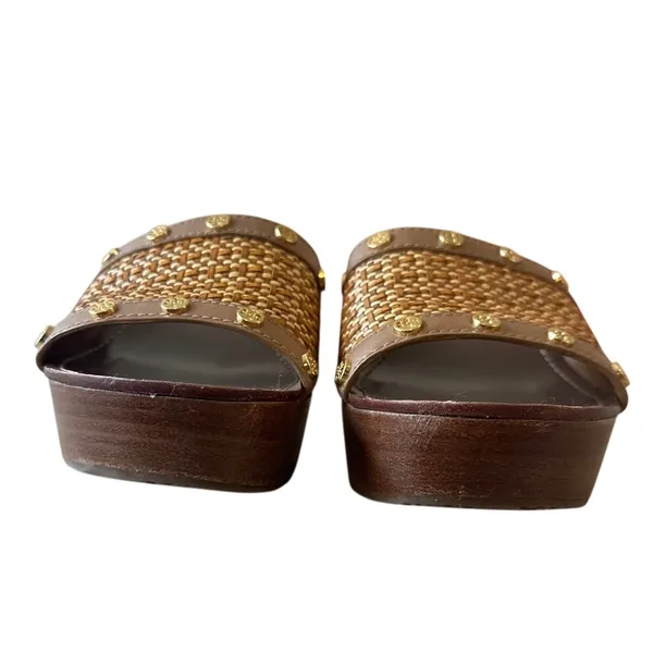 Tory Burch Joanie Straw Wedge Slides Tan‎ Studded 9.5 Boho - Image 3