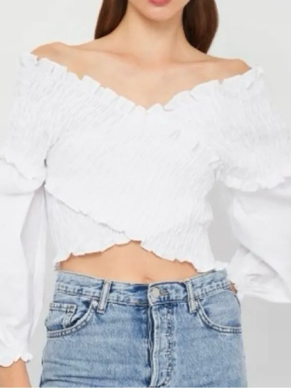 Zara White Smocked Off-Shoulder Wrap Crop Top - Image 6
