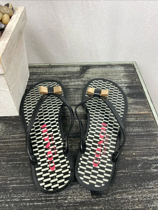 Coach Black & Gold Flip Flop Thong Shoes 6 - Image 4