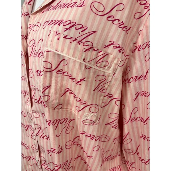 Victoria's Secret Spellout Button Up Striped Sleep‎ Shirt Women's Size M Pink - Image 3