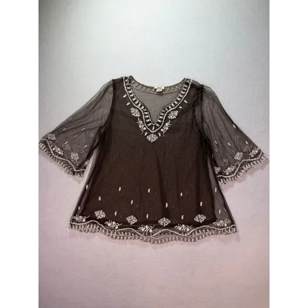 Sundance Brown Mesh Embroidered Tunic Top V-Neck 3/4 Sleeve Boho Floral Large - Image 14