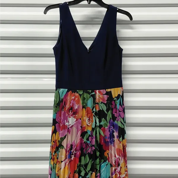 Xscape Womens Formal Evening Gown Size 4 Navy Floral Maxi Dress Wedding Party - Image 9