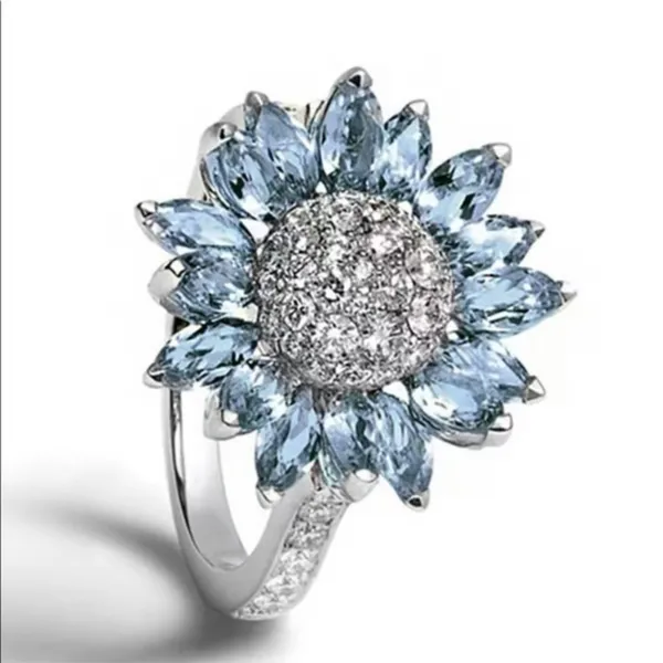 Sunflower Statement Ring Blue CZ Crystal Petals Silver Tone Size 10 NWT - Image 8