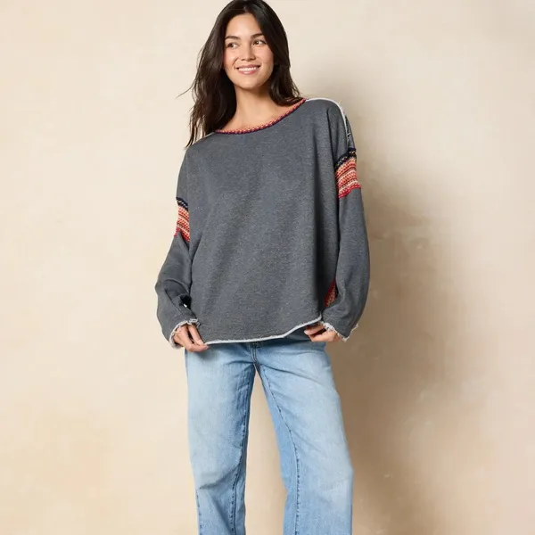 Natural Life Charcoal Tribal Trim Boho Sweatshirt Oversized Size S/M - Image 2