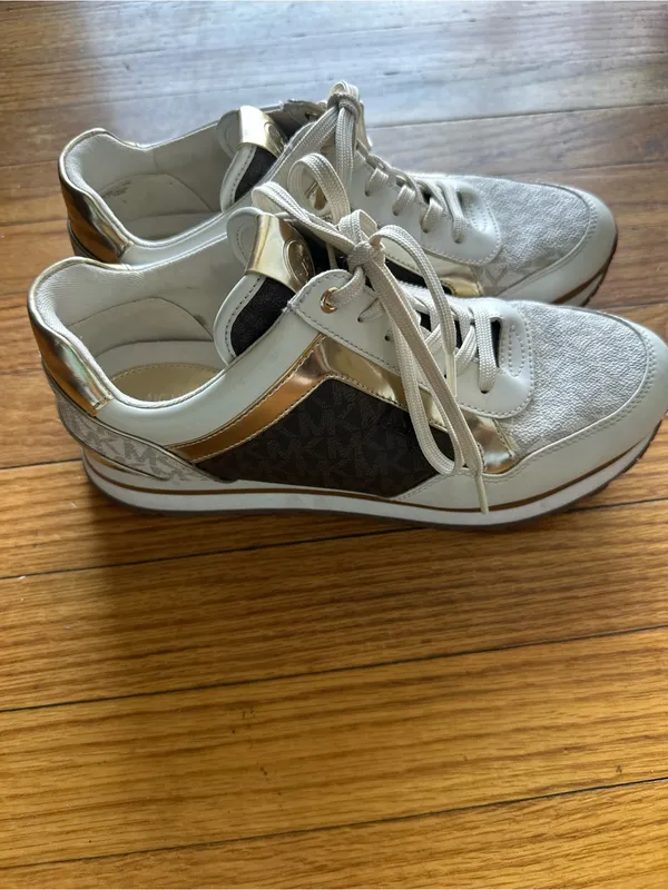Michael Kors Maddy Two Tone Logo Trainer Sneakers White Brown Gold 9M - Image 4
