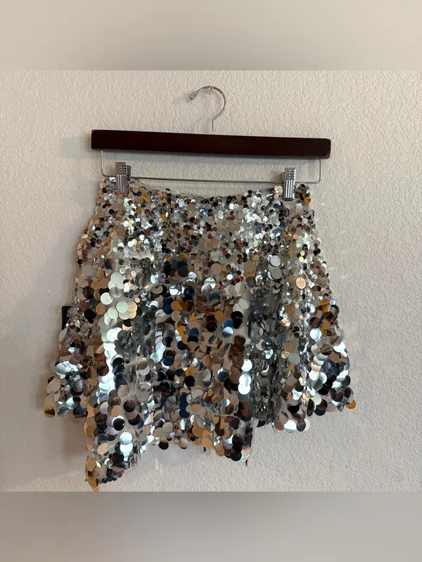 Free People Womens Skirt Silver Can't Get Enough Sequin Asymmetrical Size 0 - Image 3