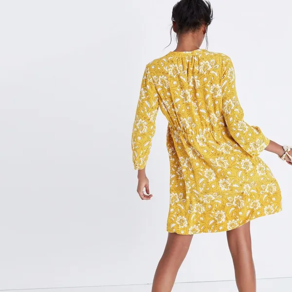 Madewell 100% Silk Assam Floral Lace-Up 3/4 Sleeve Mustard Yellow‎ Boho Western - Image 2
