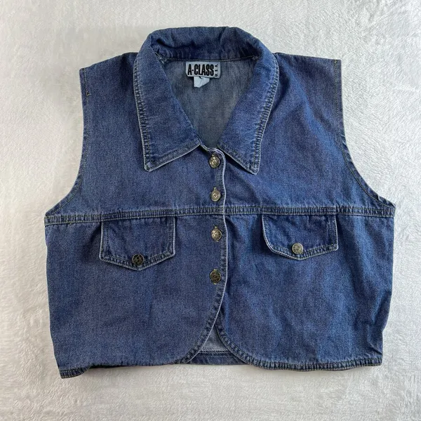 Vtg A-Class M Medium Jean Denim Vest‎ Collar Sleeveless Y2K 2000s Grunge Women’s - Image 2
