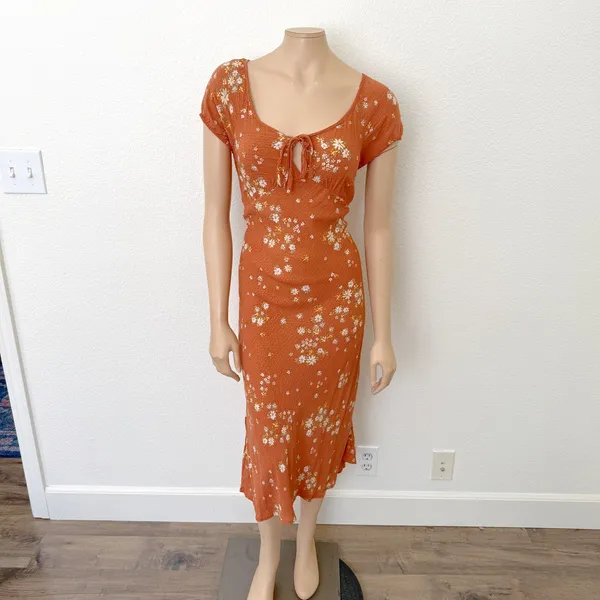 [Nikki Erin] Orange Floral Print Cap Sleeve Peasant Midi Slip Dress Size Large L - Image 2