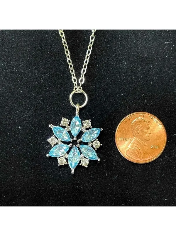 Necklace Snowflake Pendant Clear & Blue Crystals With Silver Tone Chain - Image 5