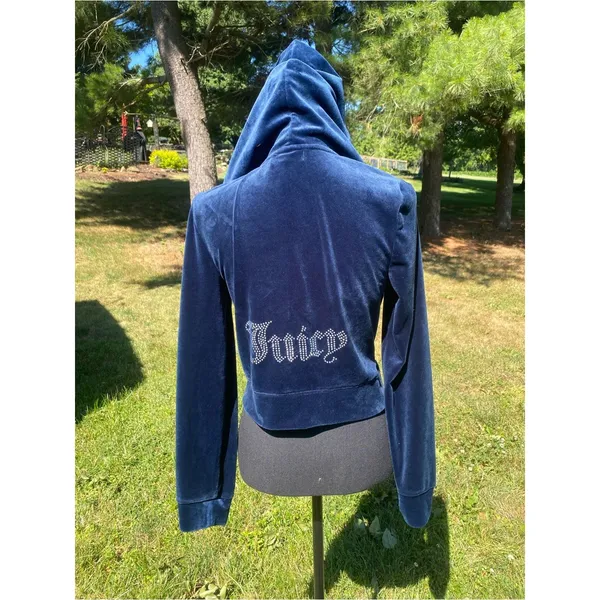 Juicy Couture Navy Blue Velour Zip-Up Hoodie Cropped Y2K Loungewear - Image 3