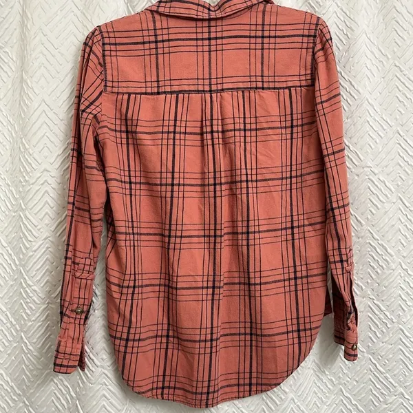 Madewell‎ Popover Flannel Long Sleeve Plaid Clay Pink Navy 1/4 Button Up Top XS - Image 3