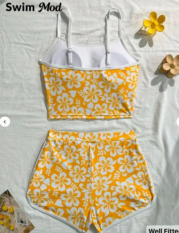 NWT Swim Mod Women's Swimwear Set, Ditsy Floral Yellow Spaghetti Strap Crop Top - Image 4