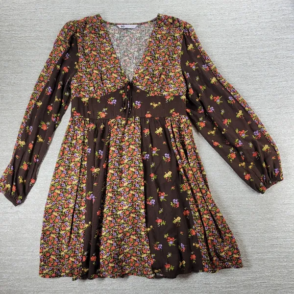 SO Mini Dress XL Brown Mixed Ditzy Floral Print Fit & Flare Cottagecore Prairie - Image 6