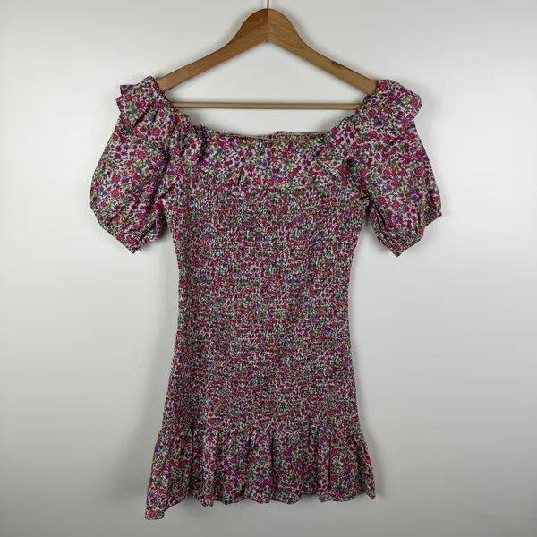 DO+BE Floral Smocked Puff Sleeve Mini Dress Medium Colorful Preppy‎ Bloomcore - Image 4