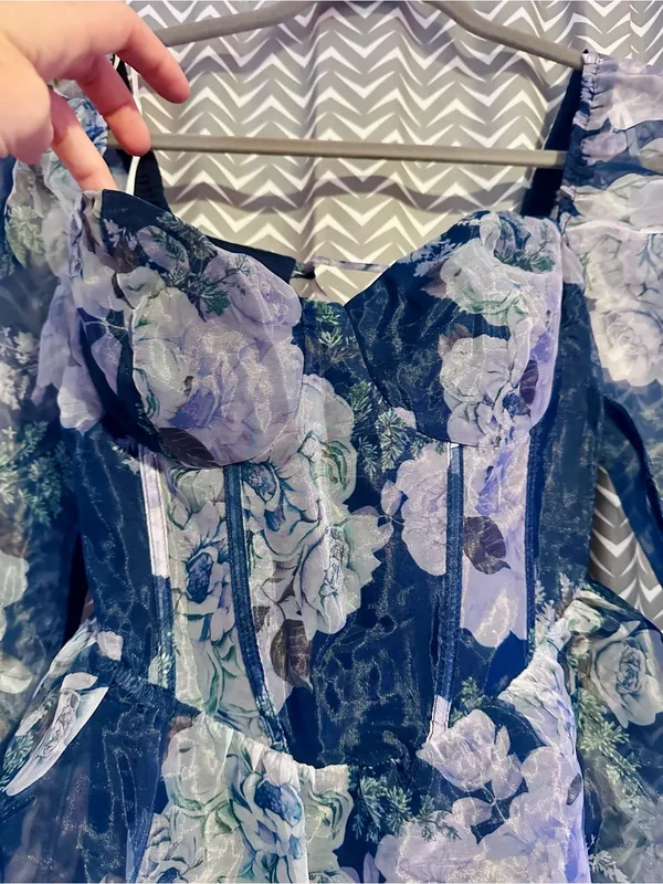 NWT Lulus | Positively Enchanting Blue Floral Organza Bustier Mini Dress, Small - Image 5