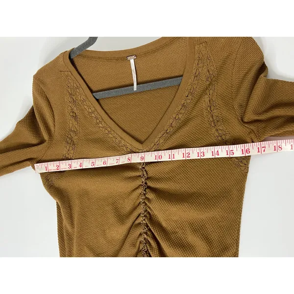 Free People Wear Me Out Brown Waffle Knit Ruched Mesh Sleeve Top Small - Image 6
