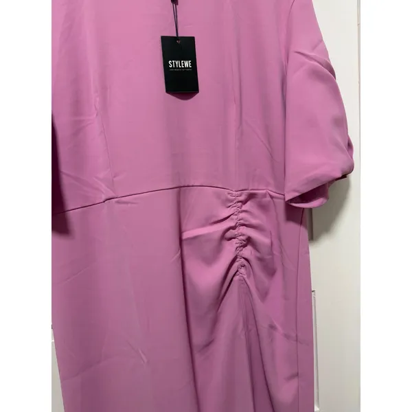Stylewe Mauve Pink Ruched Side Slit Midi Dress NWT 2XL Elbow Sleeve Puff Pleat - Image 5