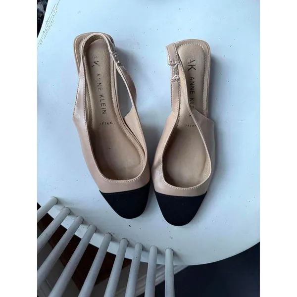Anne Klein Women's Slingback Beige and Black Cap Toe Flats - Image 2