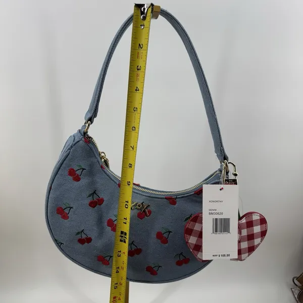 Betsey Johnson Denim Cherry Embroidered Heart Charm Gingham Shoulder Bag NWT - Image 9