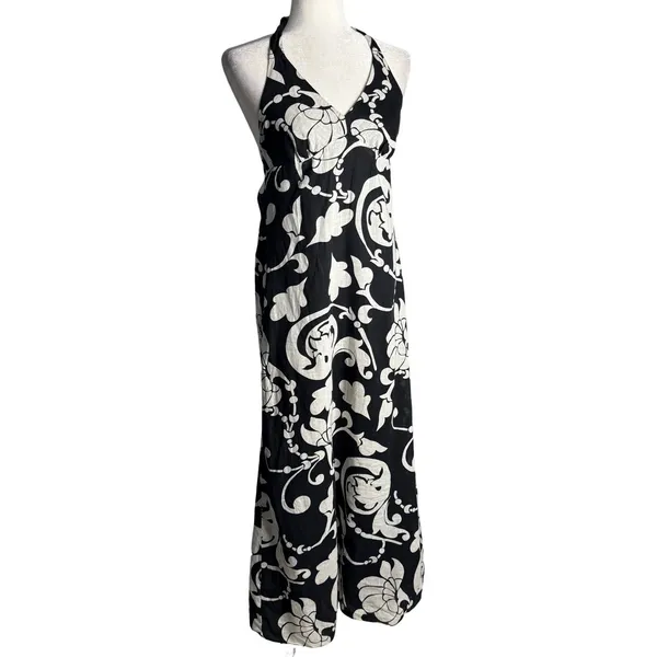 Y2K Old Navy Floral Maxi Dress Black White S Linen Blend Babydoll‎ Halter Beachy - Image 4