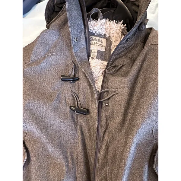 Cabela's Women's Sz:S Sherpa Lined Grey Hooded Parka Jacket Full Zip Horn Toggle - Image 9