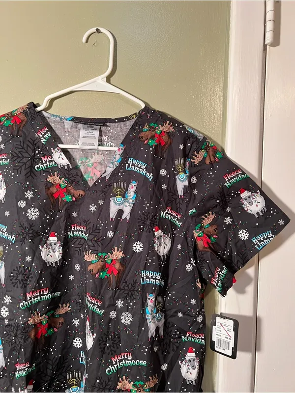 Cherokee Women's Sz Large Merry Whatever Scrub Top Gray V-Neck Holiday Christmas - Image 7