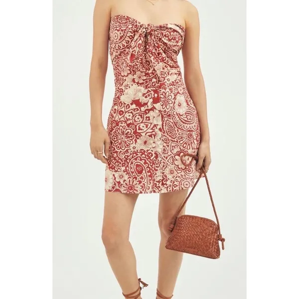 Anthropologie Blue Tassel Red Paisley Floral Strapless Tie Front Mini Dress L - Image 4
