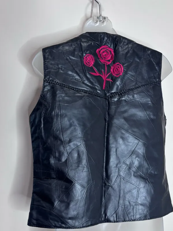 Diamond Plate 100% Buffalo Leather Vest Pink Rose Embroidery Biker small goth Black - Image 3