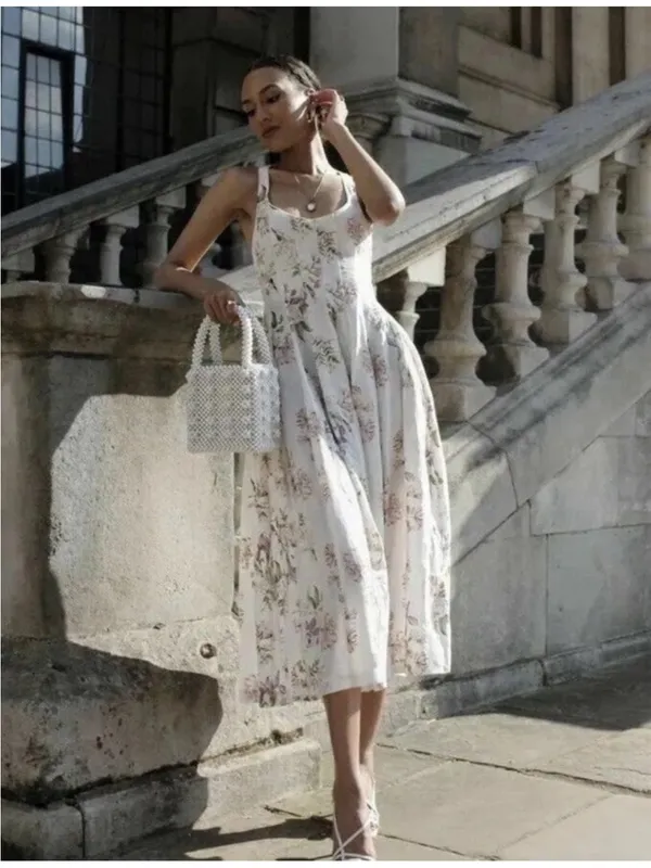 Brock Collection x H&M Lyocell Blend Cream Floral Long Cross Back Dress DESIGNER - Image 5