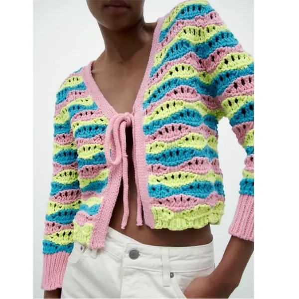 Zara Chunky Crochet Striped Front Tie Cardigan Retro Boxy Vibrant Y2K Sz M - Image 2