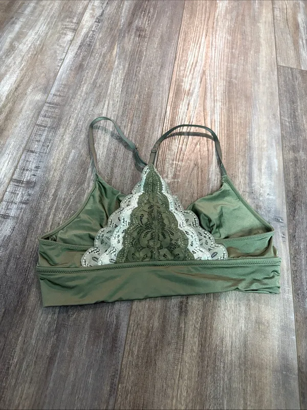 Aerie Olive Satin Bralette with Lace Detail - Image 3