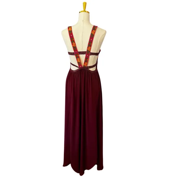 Free People Embroidered Bohemian Ribbon Lace Flower Maxi Dress Burgundy Small - Image 3