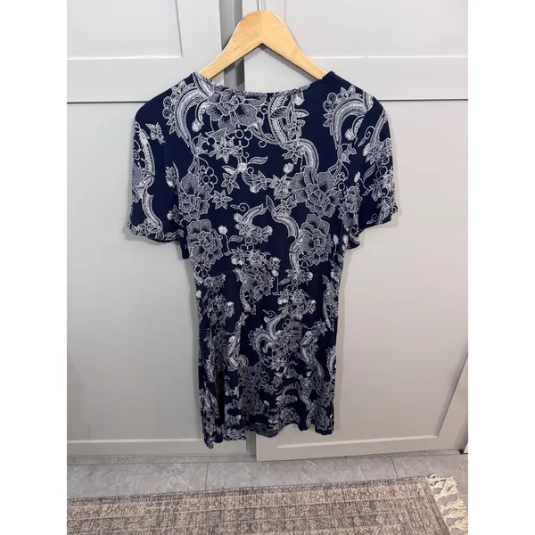 Roxy Navy Blue White Floral Paisley Tie Front Mini Dress Large Short Sleeve - Image 6