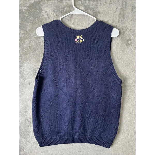 Vintage Navy Floral Embroidered Sweater Vest Cottagecore Cozy Chic Grandmacore S - Image 4