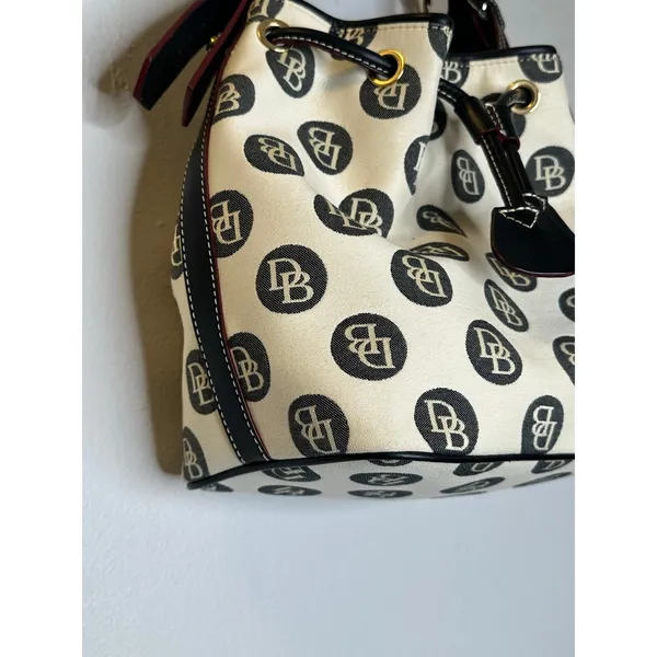 DOONEY & BOURKE Black White DB Monogram Black Leather Drawstring Bucket Bag - Image 6