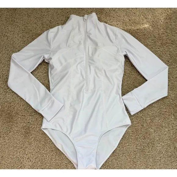 White Zip Front Long Sleeve One Piece Swimsuit Bodysuit Fits S‎ - Image 4