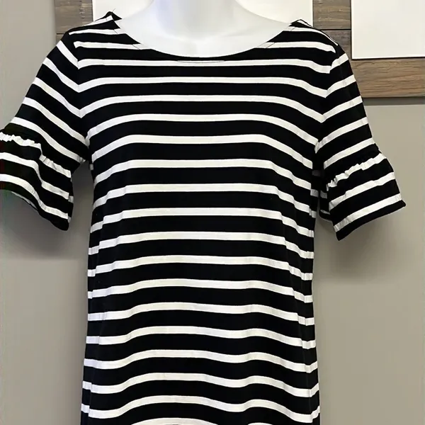 J. Crew Black & White Striped T- Shirt Dress w/ Ruffled Puff Sleeves- Small - Image 2