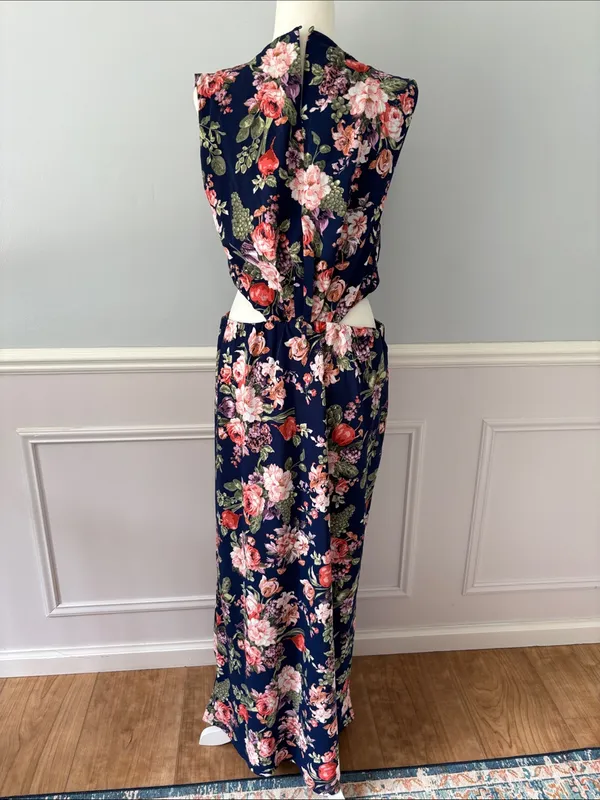Abercrombie & Fitch Floral Fruits Cutout Maxi Dress Navy Cap Sleeve Size Medium - Image 6
