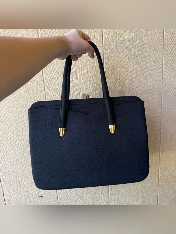 Vintage 1950s Black Structured Top Handle Bag Gold Hardware - Image 8