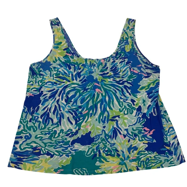 Lilly Pulitzer Tank Top Womens XL Blue Green Floral Pima‎ Cotton Fair *Flawed - Image 2