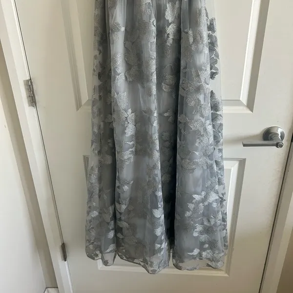 Embroidered Oleg Cassini Long Strapless Silver Dress - Image 7