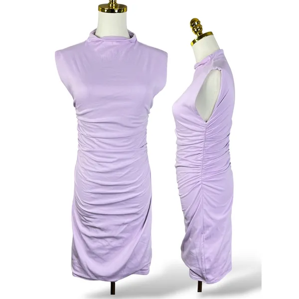 MESHKI Lilac Purple Ruched Mock Neck Sleeveless Bodycon Mini Dress Womens Size M - Image 3