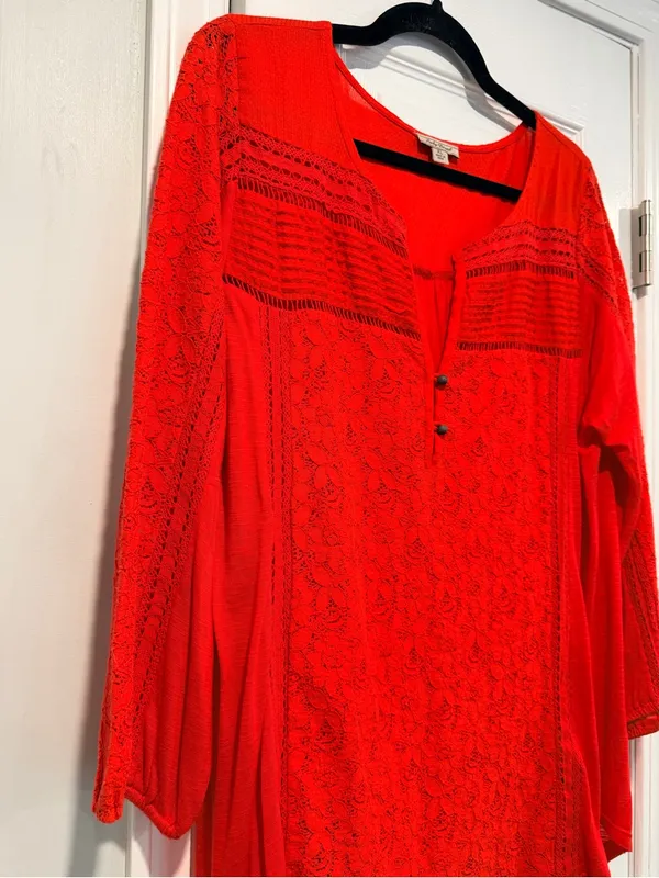 Lucky Brand Size XL Red Lace Boho Tunic Blouse 3/4 Sleeve Floral Peasant Top - Image 8