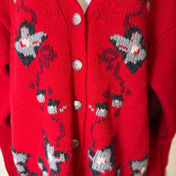 Shetland Wool Floral Embroidered Red Cardigan Sweater‎ S Grandmacore Retro VTG - Image 3